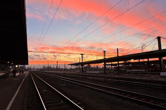 Railway scene at sunset